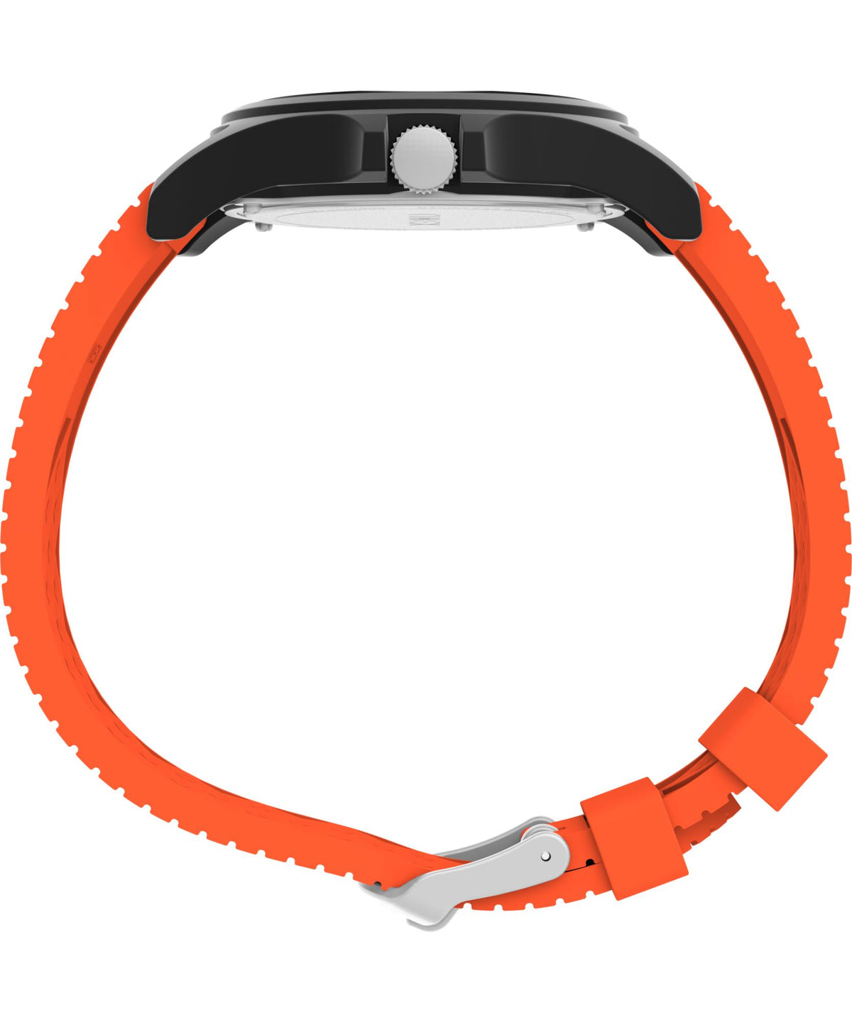 Quartz wristwatch showing orange silicone strap and black case with crown