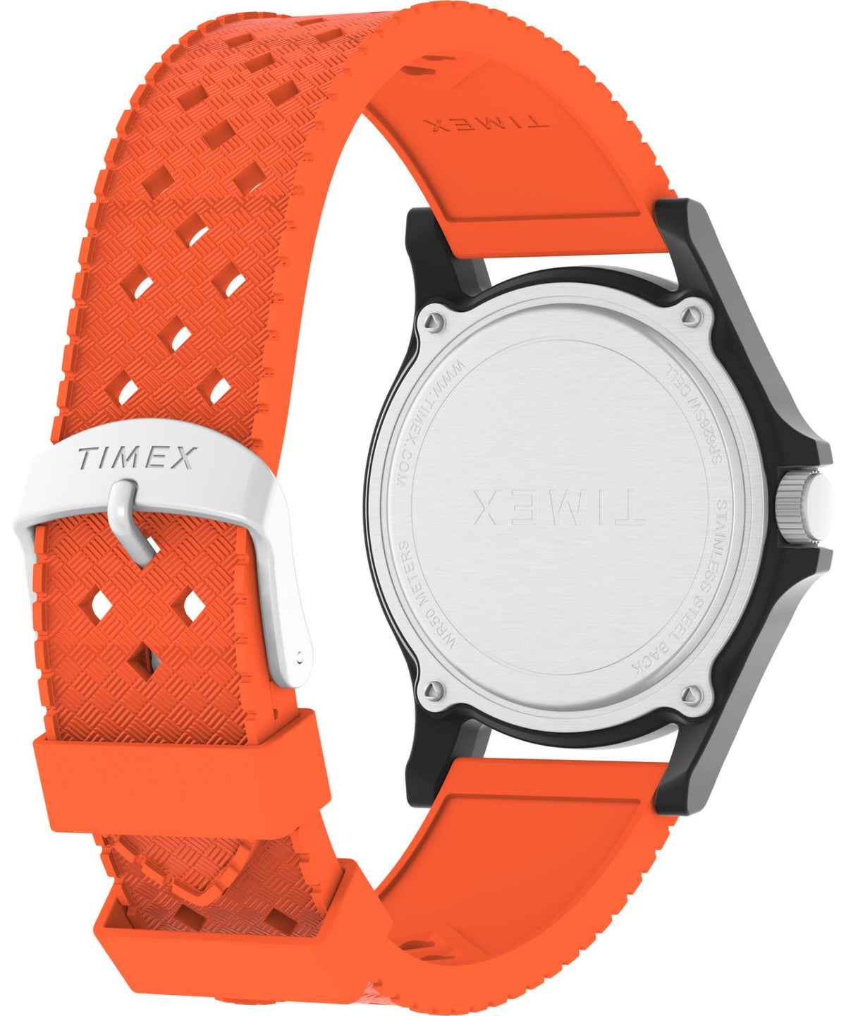 Quartz wristwatch front with orange patterned silicone strap and black bezel, silver case back