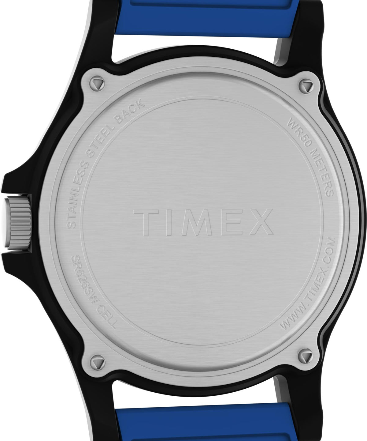 Silver watch case back with 'TIMEX' text and screws, black-and-blue side