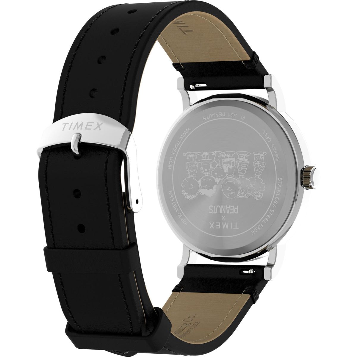 Timex Peanuts watch with black leather strap and stainless-steel case back, side view