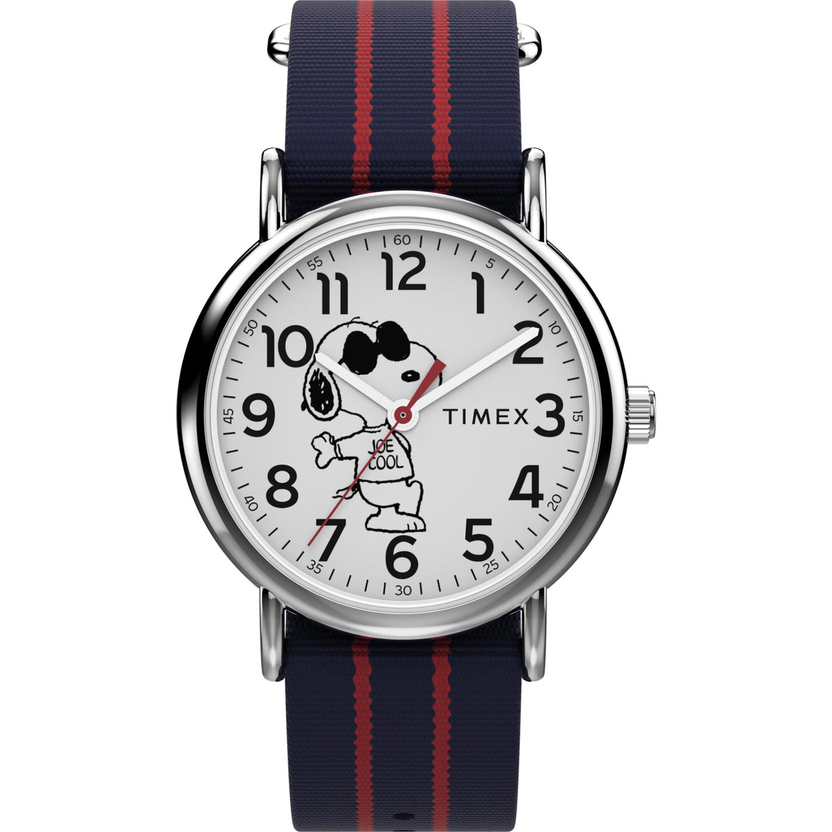 Peanuts 38mm quartz watch, white dial with Snoopy graphic, navy textile strap, red stripes