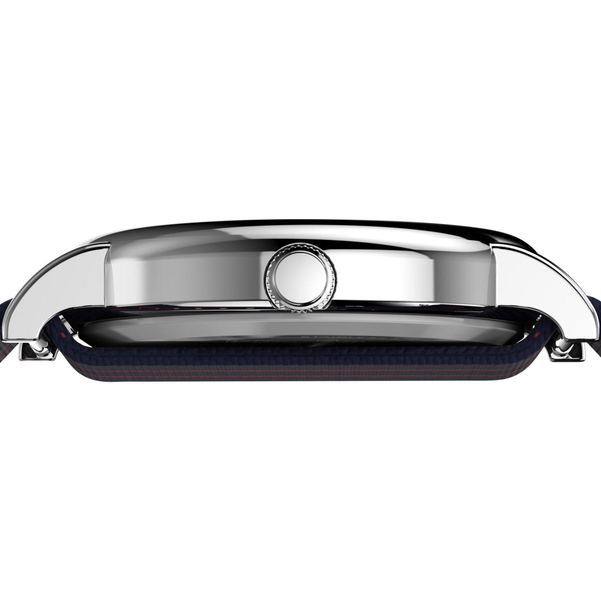 Peanuts 38mm quartz watch case side view with navy strap showing polished silver-tone bezel