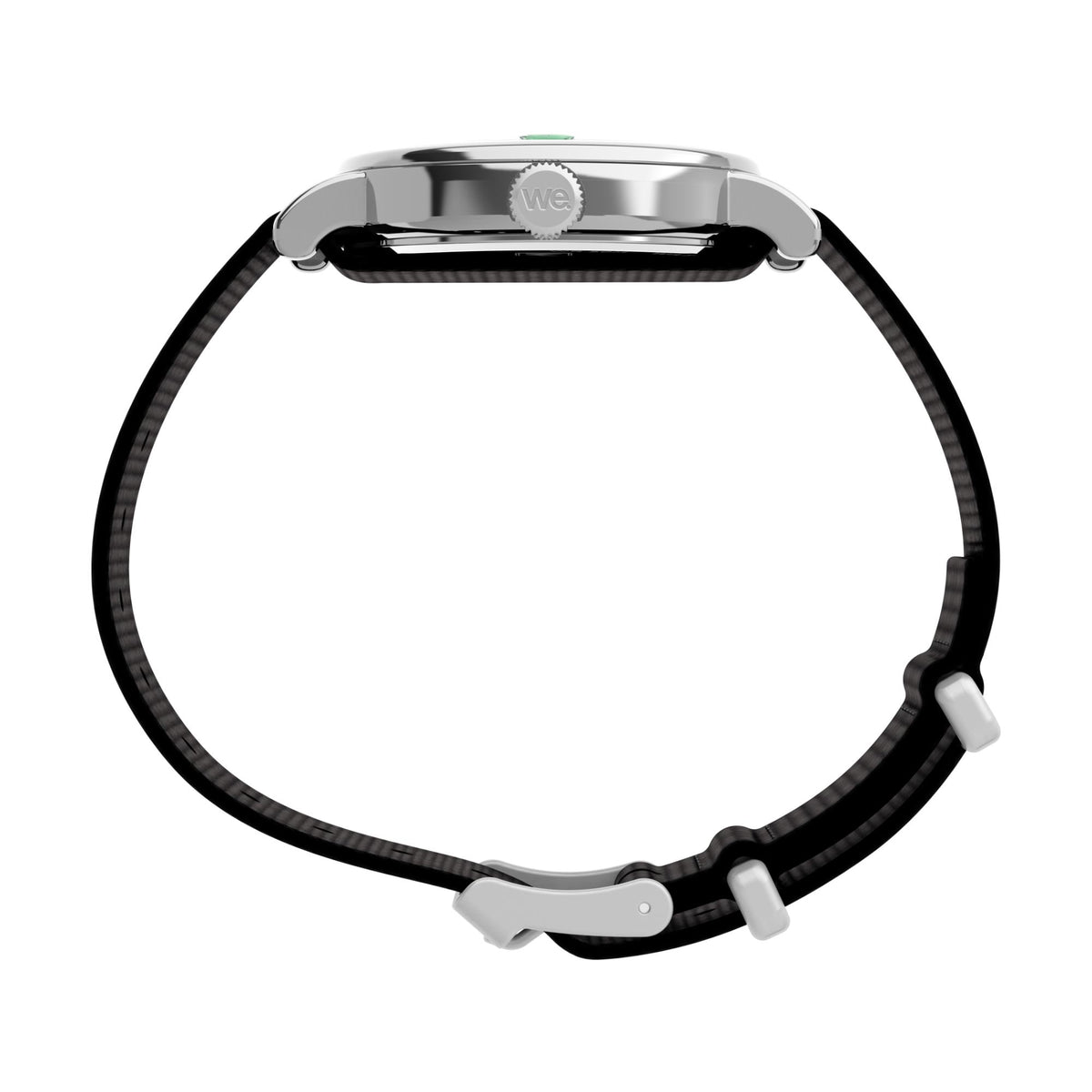 Timex watch case with black strap and metal back view