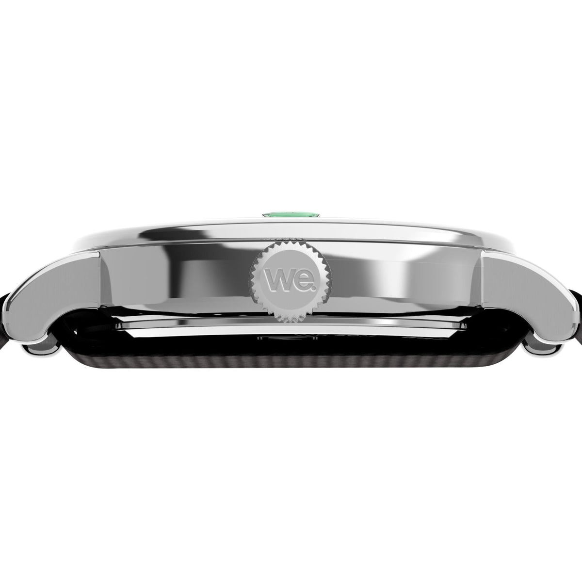 Timex watch side view with polished metal case and black strap