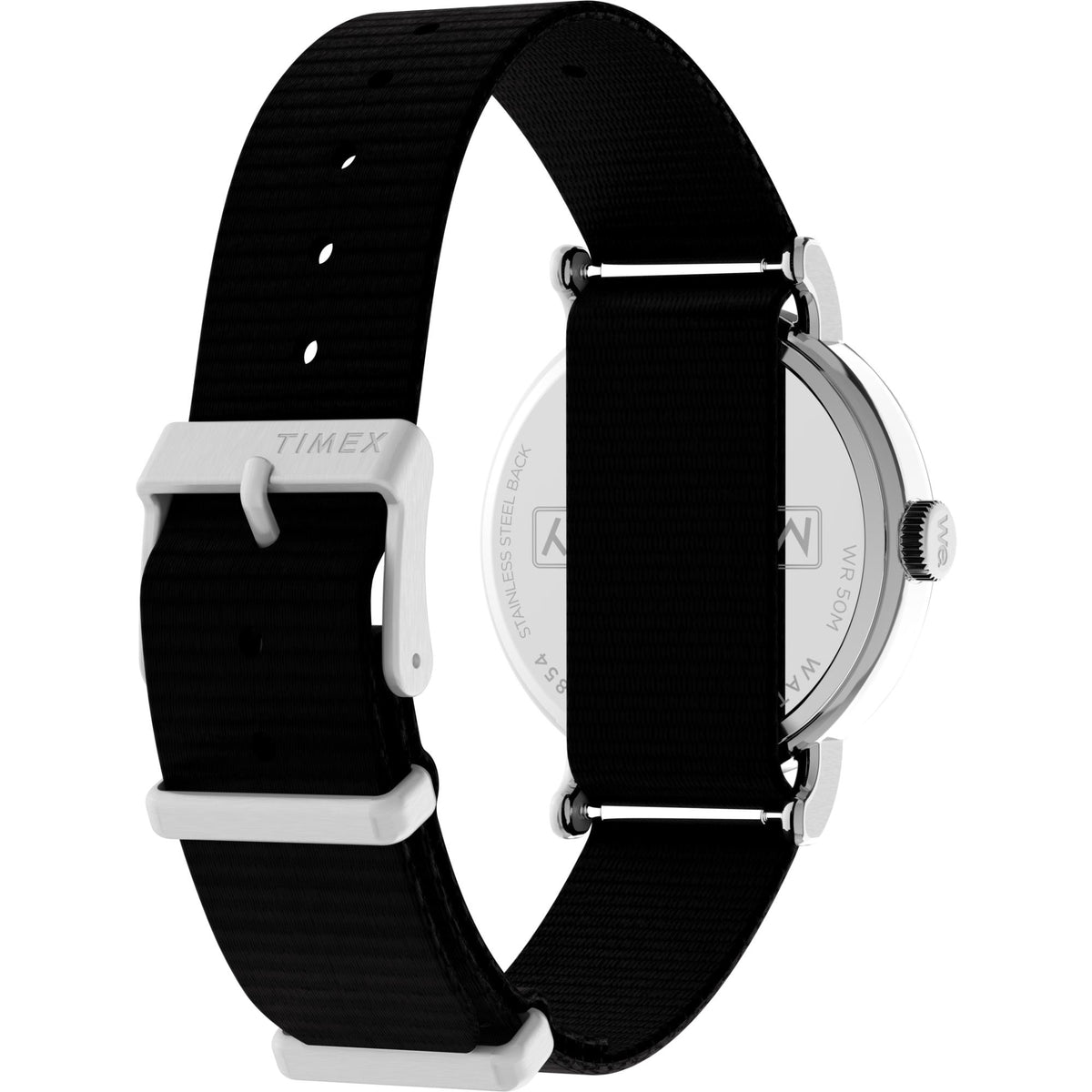 Timex watch with black textile strap and silver buckle details