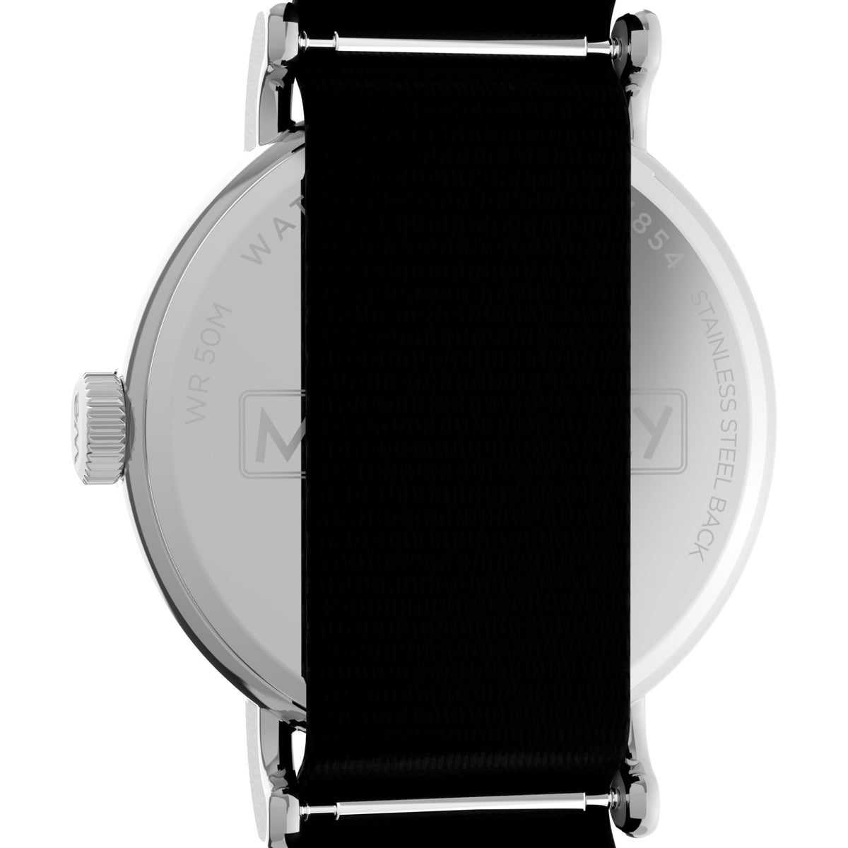 Timex watch profile with black fabric strap and round metal bezel