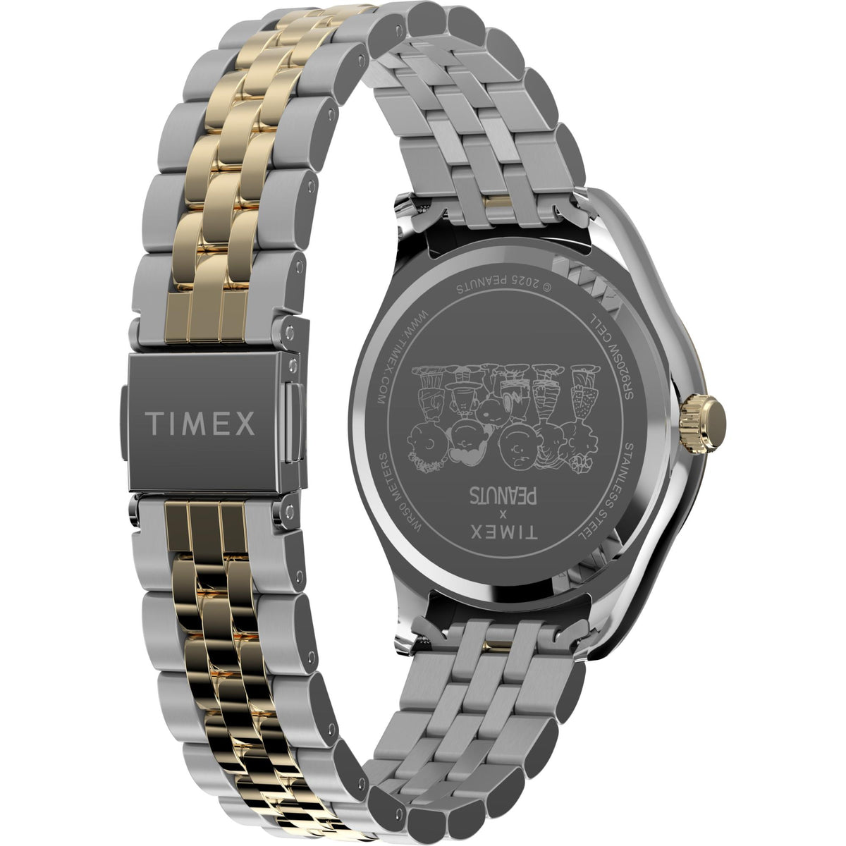 Timex TW2Y11100 two-tone stainless steel bracelet, clasp, and Peanuts character engraved caseback angled view