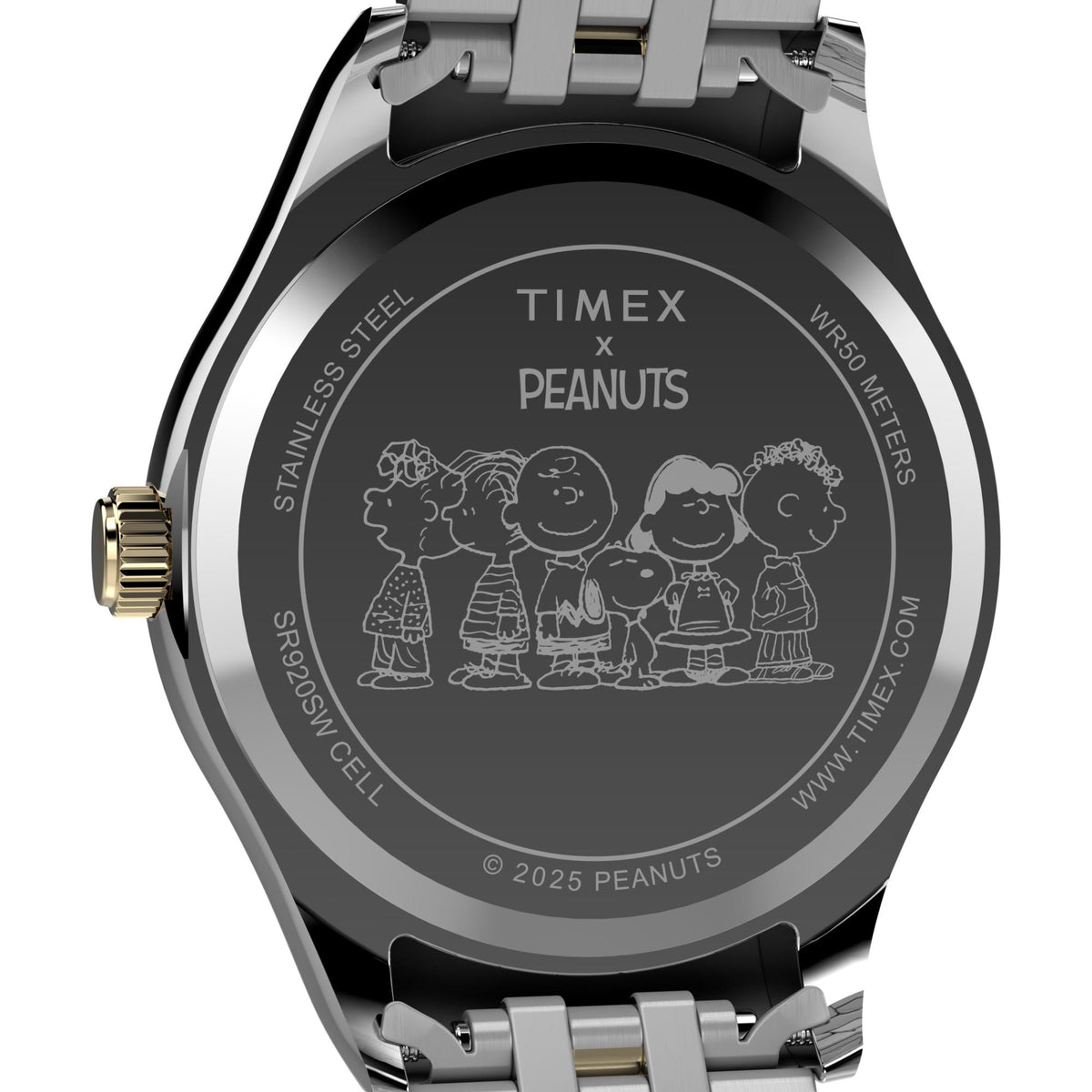 Timex Peanuts TW2Y11100 stainless steel caseback featuring a Peanuts characters engraving close-up
