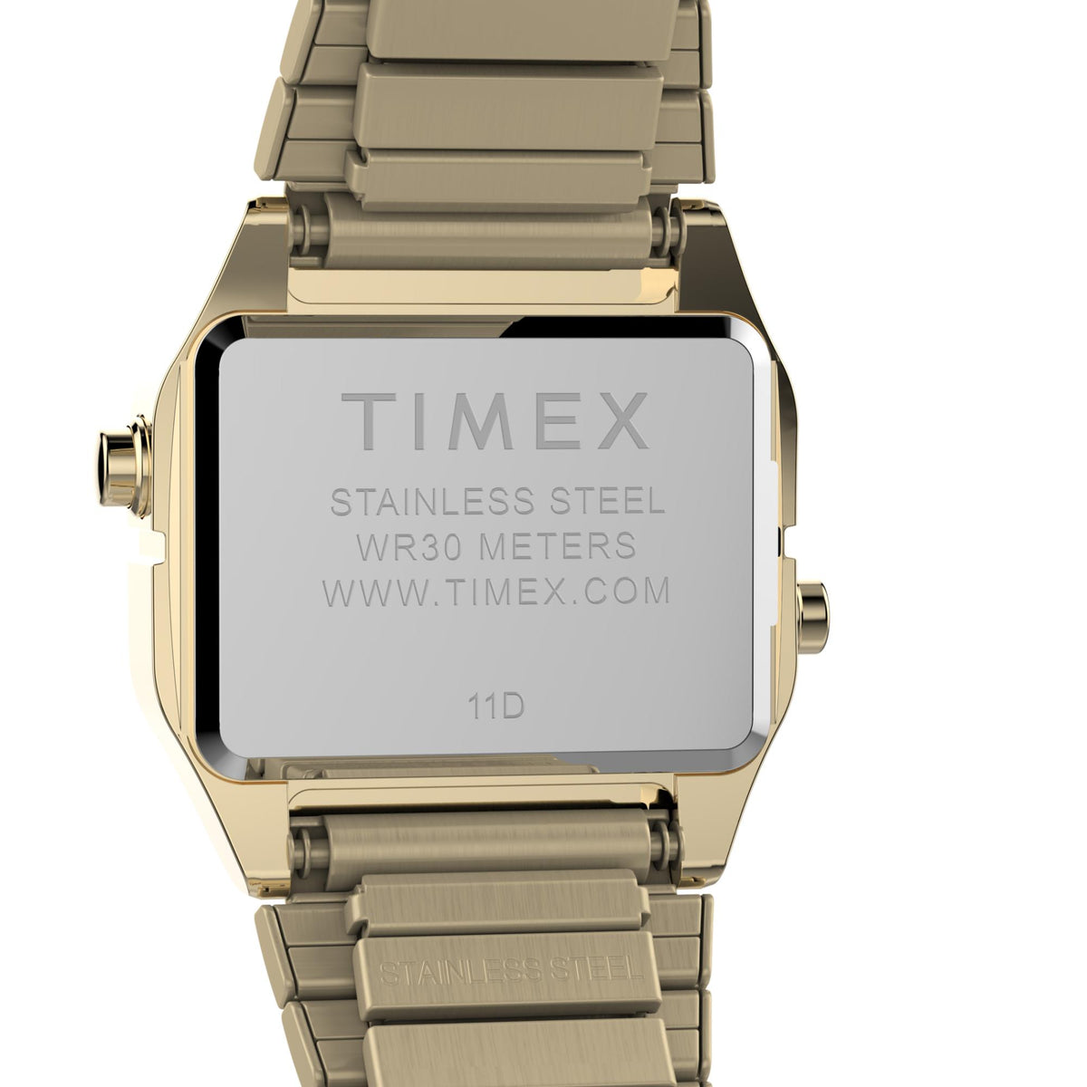 Gold-tone stainless steel watch face with back text marked WR30 and 11D
