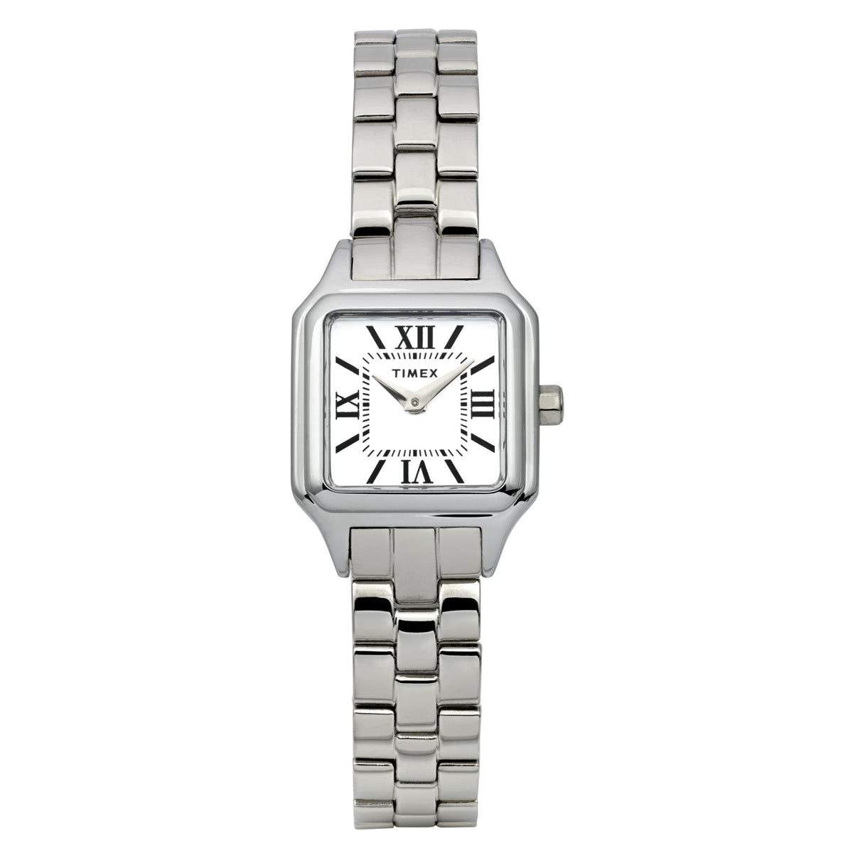 Ladies quartz wristwatch with square silver case, white dial, Roman numerals, steel bracelet