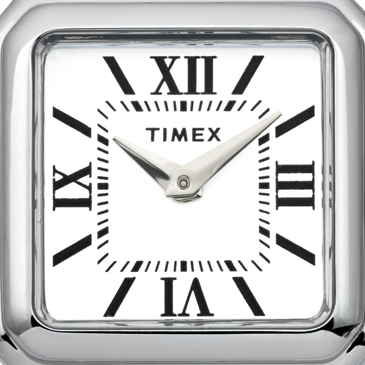 Square watch face with white dial, Roman numerals, black accents, and silver hands