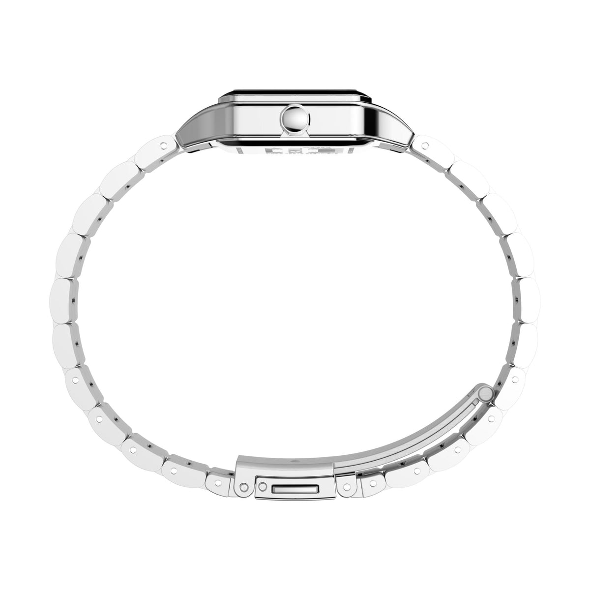 Silver steel watch band with box links and fold-over clasp