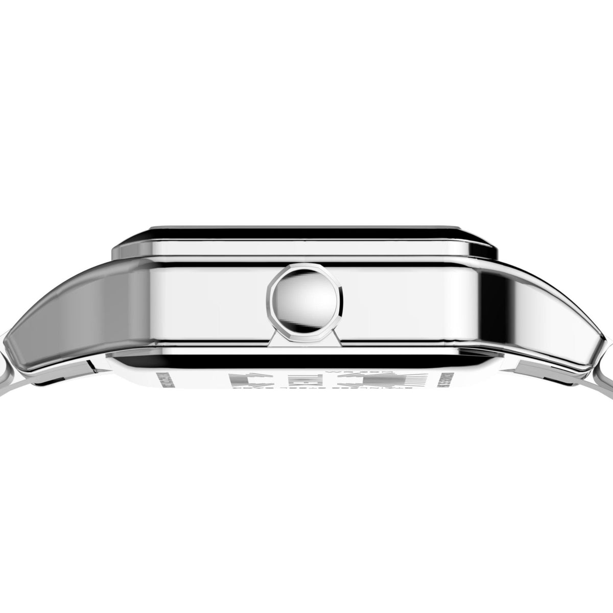 Silver square watch case side view with crown at 12 o'clock