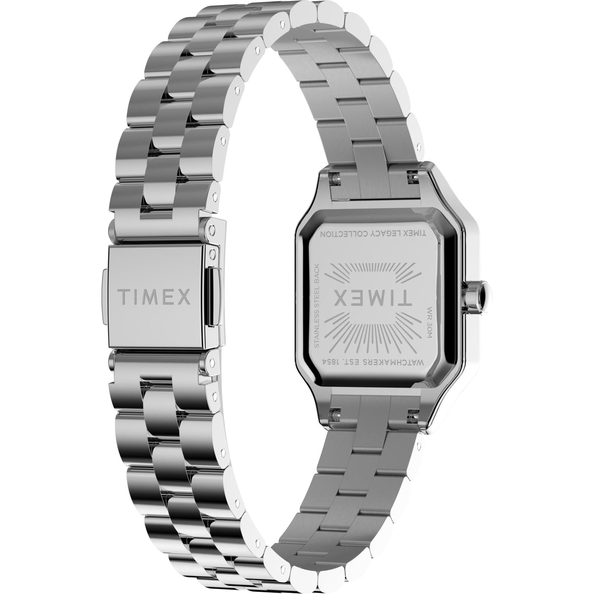 Silver steel ladies watch with rectangular case and hinged clasp on bracelet