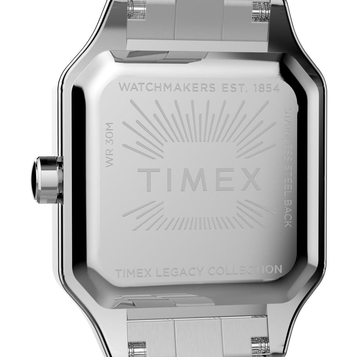 Watch caseback with W.R. 30M text and embossed branding