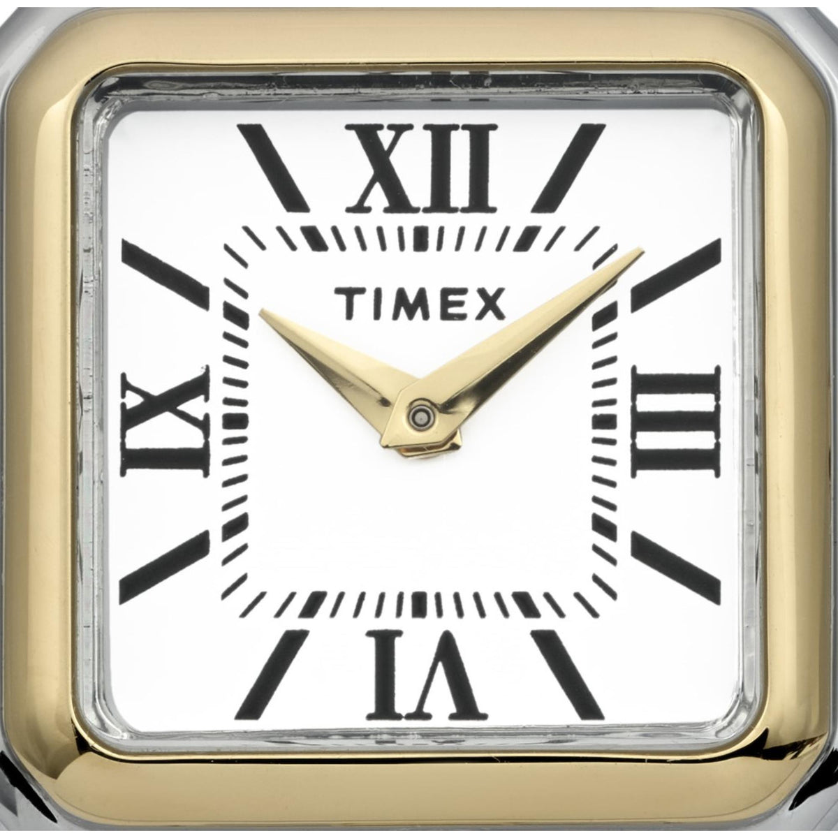 Timex TW2Y23900 square white dial with black Roman numerals and gold-tone hands close-up