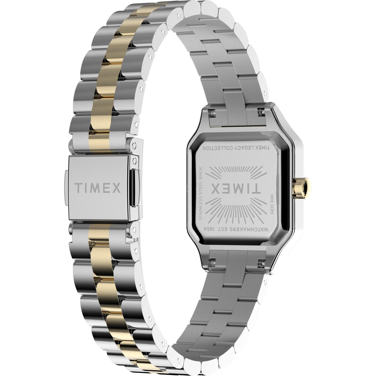 Timex TW2Y23900 angled view showing the case back engraving and deployment clasp signature