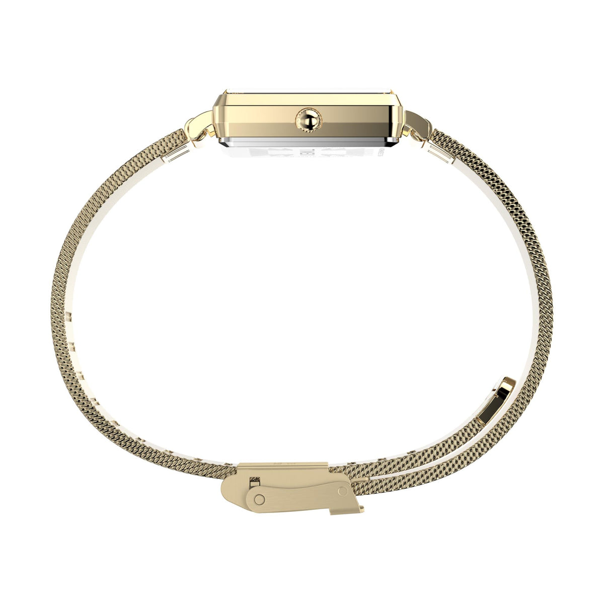 Gold-tone ladies quartz watch with rectangular case and textured mesh link bracelet