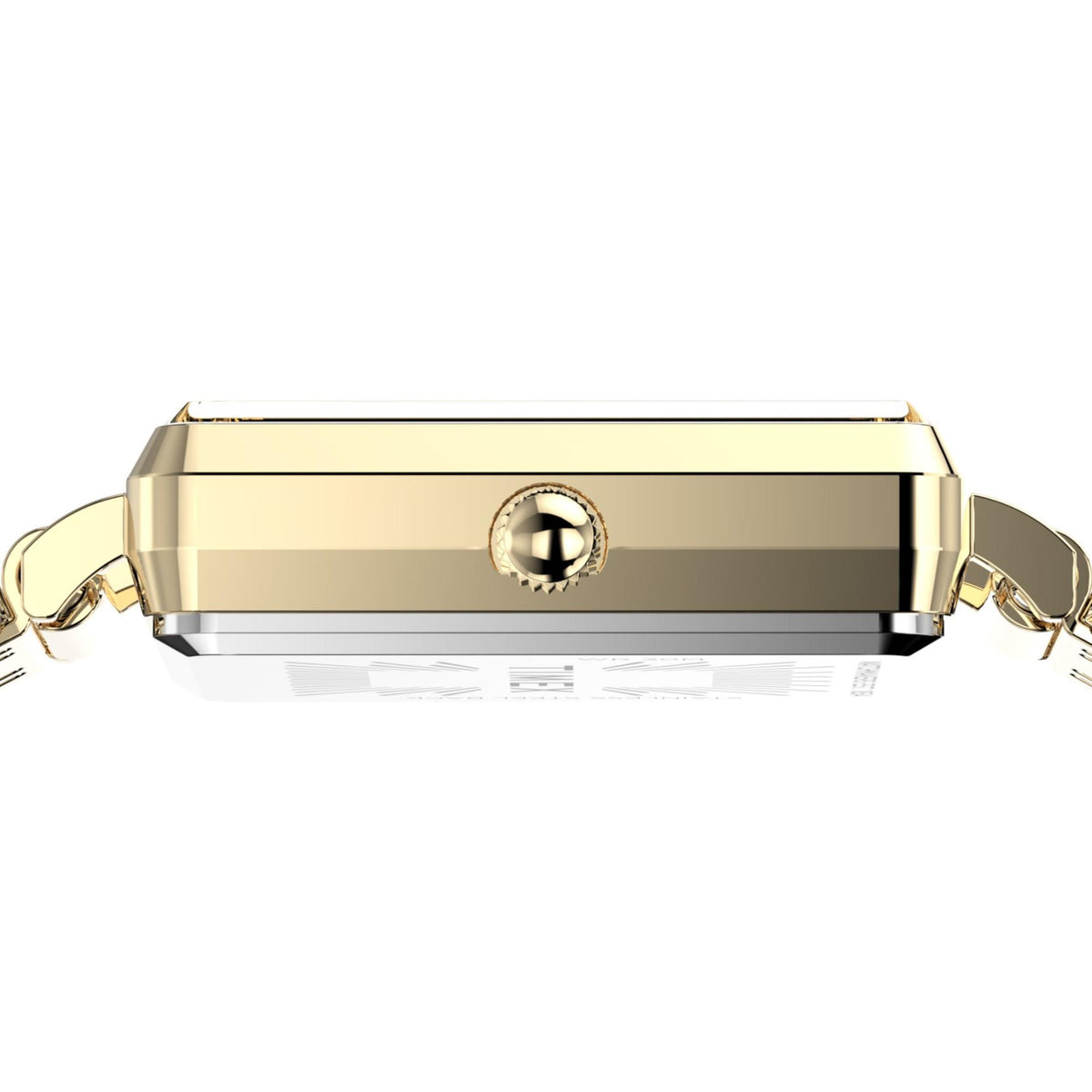 Gold-tone rectangular quartz watch case with crown detail, top view