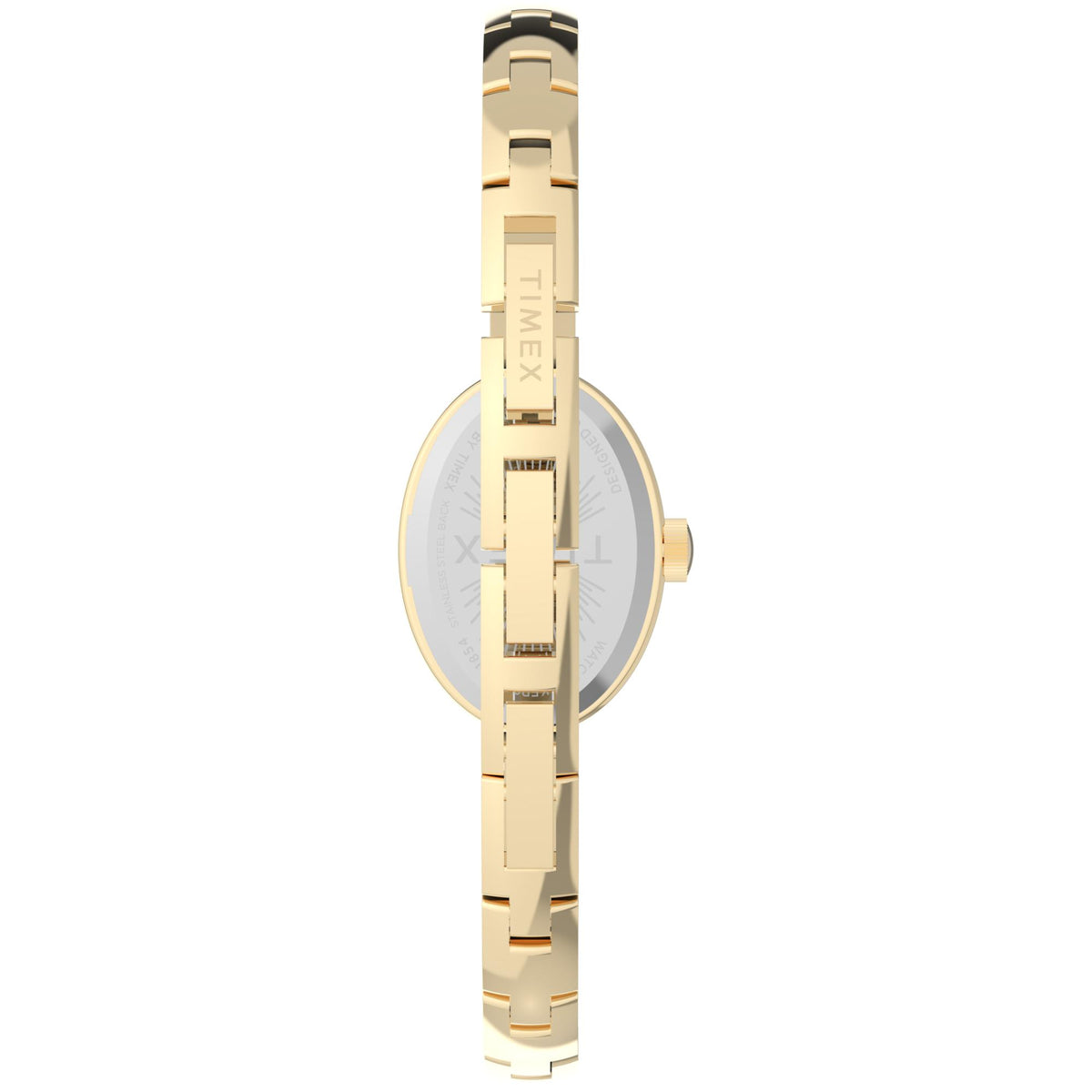 Angled view of gold-tone ladies quartz watch with engraved bezel and bracelet