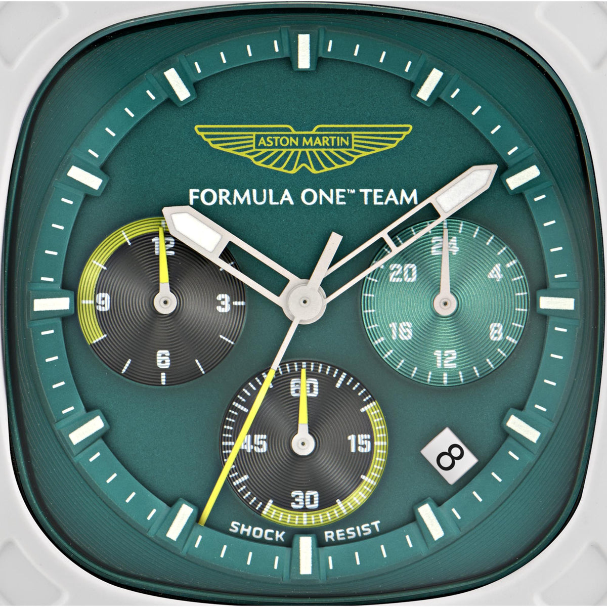 Men's quartz chronograph watch with green dial and three subdials, Aston Martin logo
