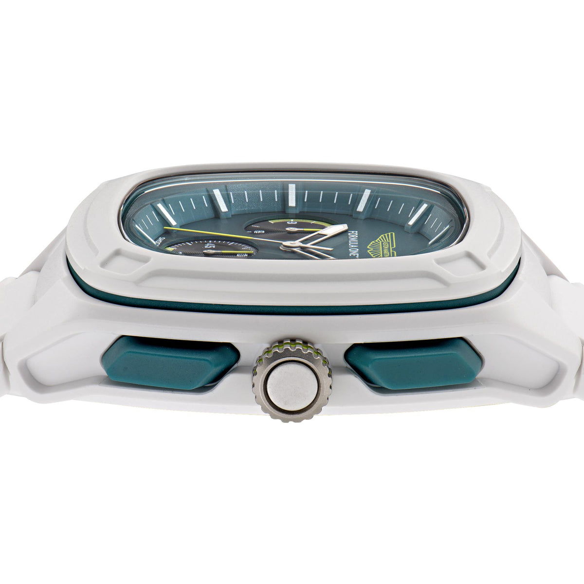 Men's quartz chronograph watch case with green dial view and white silicone strap