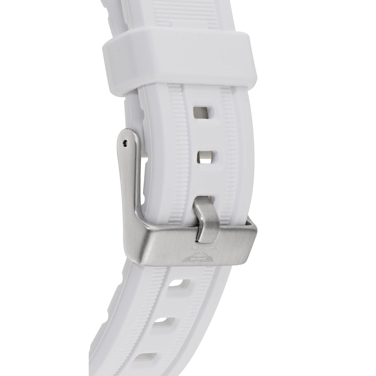 Men's white silicone watch strap with metal clasp and pin buckle detail