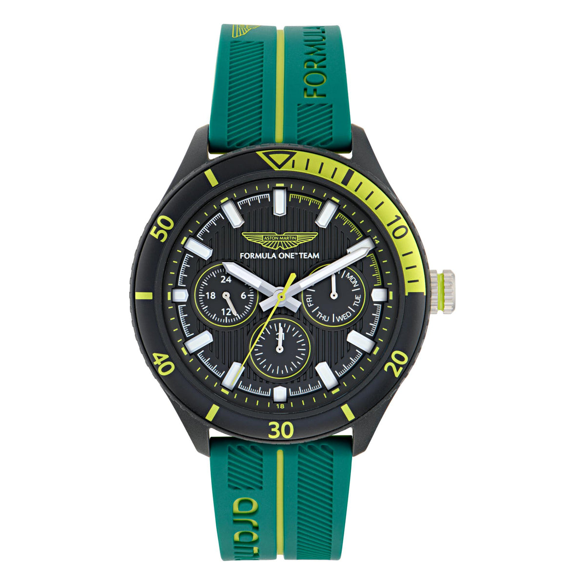 Men's quartz chronograph watch, black dial with chronograph subdials and green silicone strap