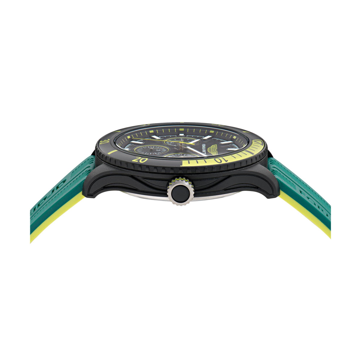 Men's quartz chronograph watch side profile, black case with green and yellow strap ends