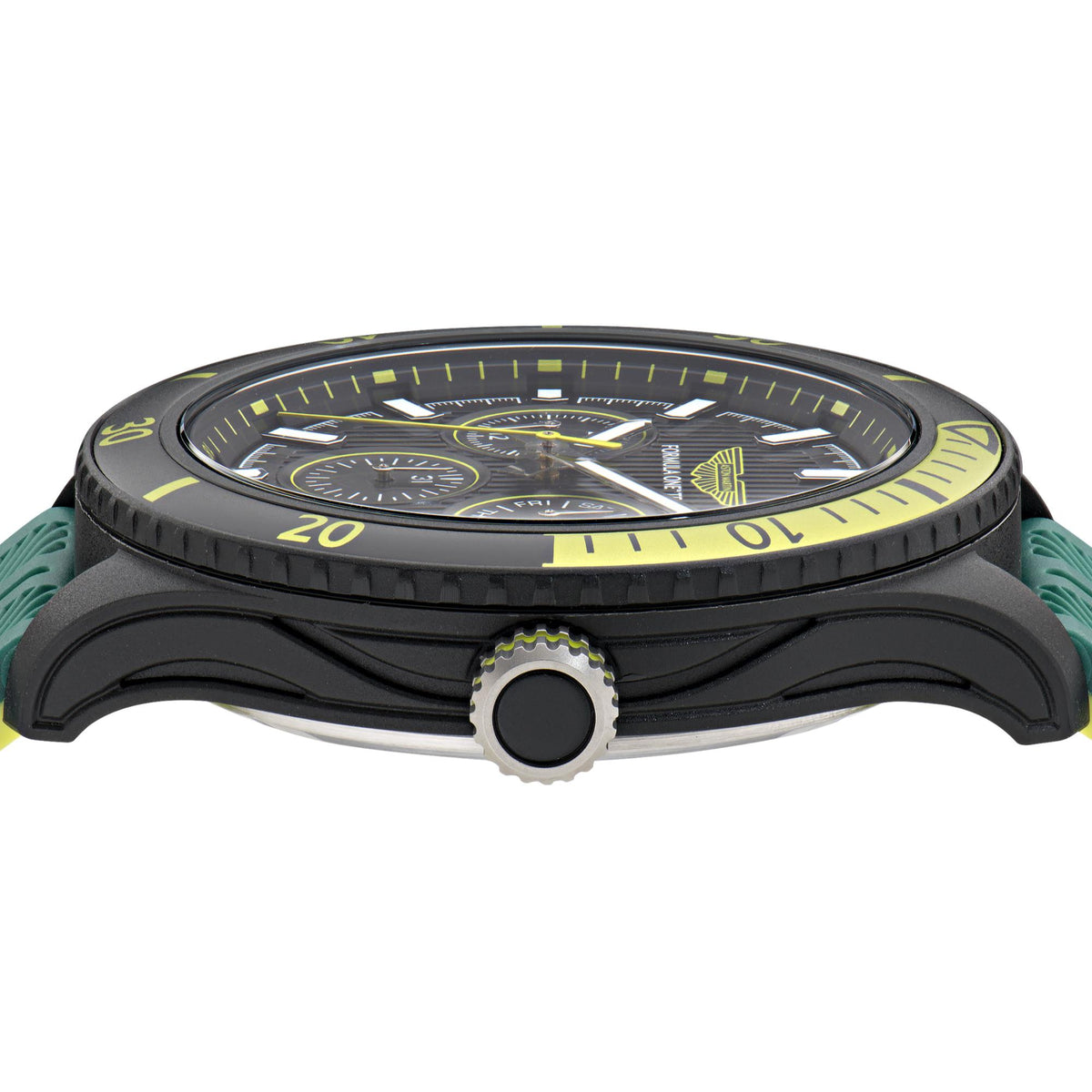 Men's quartz chronograph watch front case close-up, black bezel with bright green dial accents