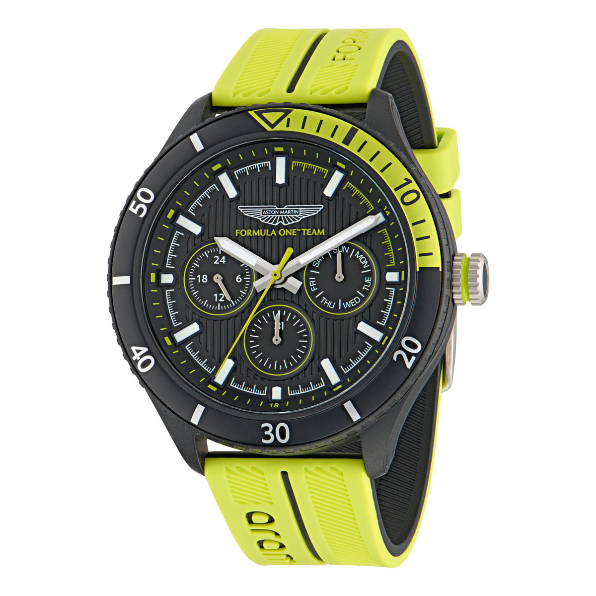 Aston Martin Formula One Team Quartz Chronograph Black Dial Yellow and Black Silicone Strap Men's Watch MTFP1F502