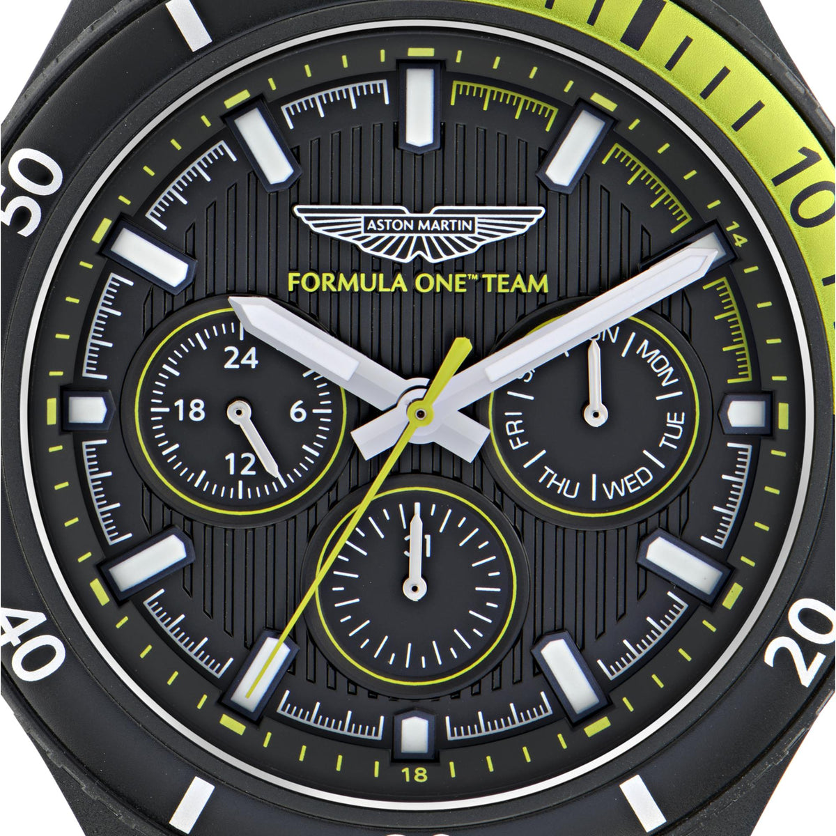 Quartz chronograph watch face with black dial, yellow markers, and three subdials