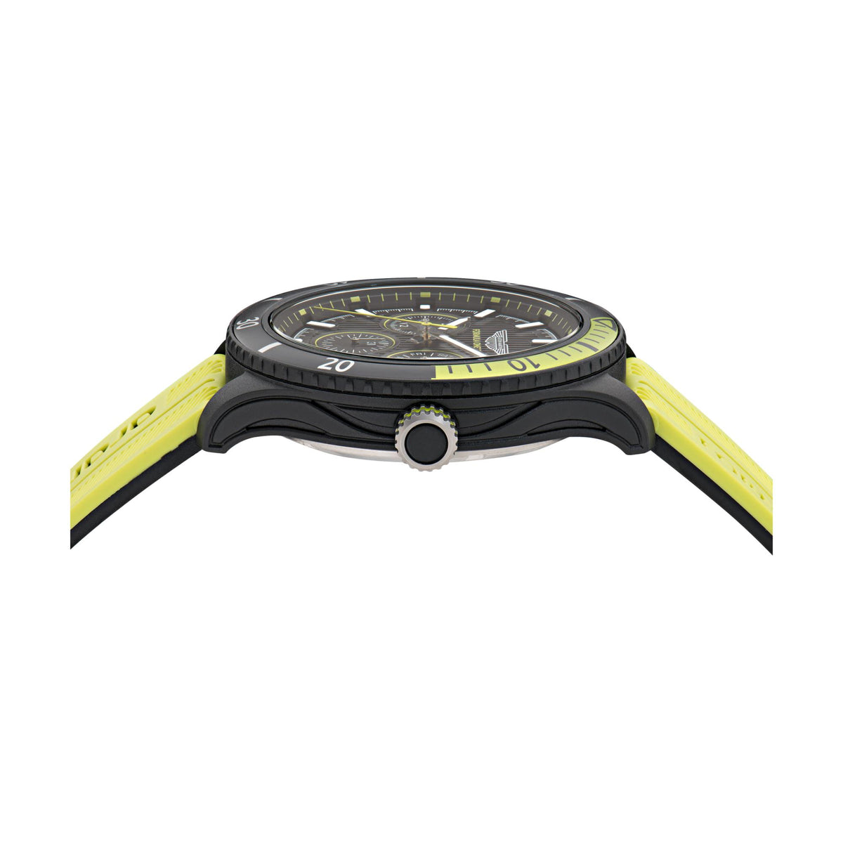 Quartz chronograph watch side view with black case and crown, yellow silicone strap visible