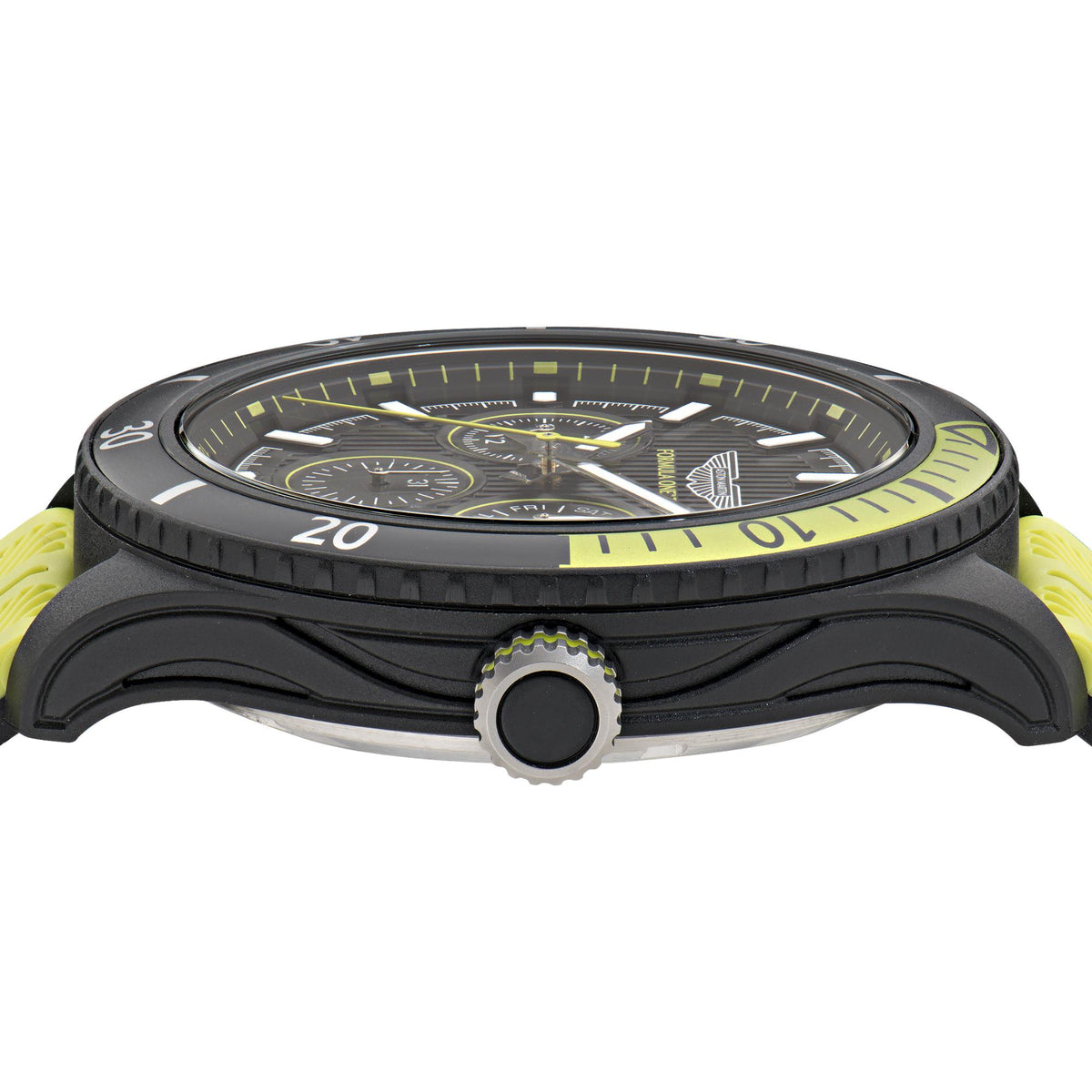 Quartz chronograph watch case front angle with yellow accents and black bezel