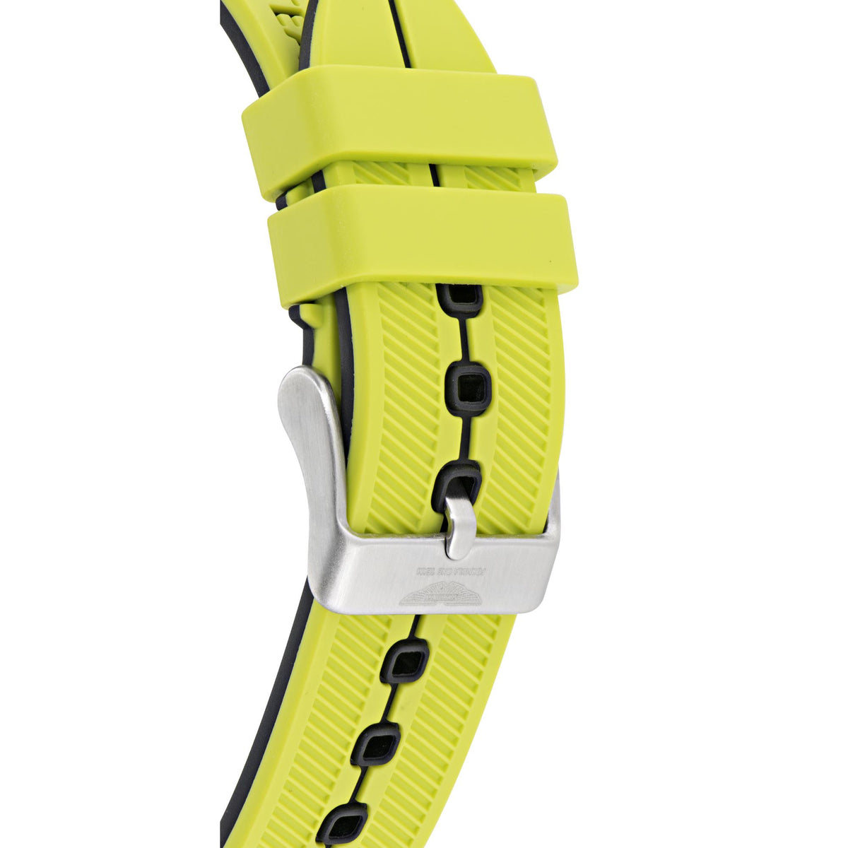 Yellow silicone watch strap close-up with metal buckle and ribbed texture