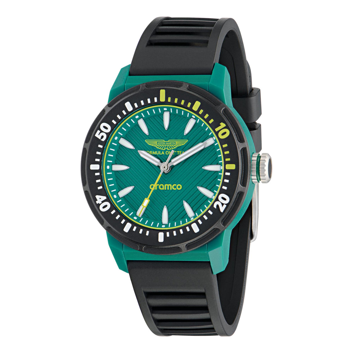 Aston Martin Aramco Formula One Team Quartz Podium Green Dial Black Silicone Strap Unisex Watch MTFK1F502