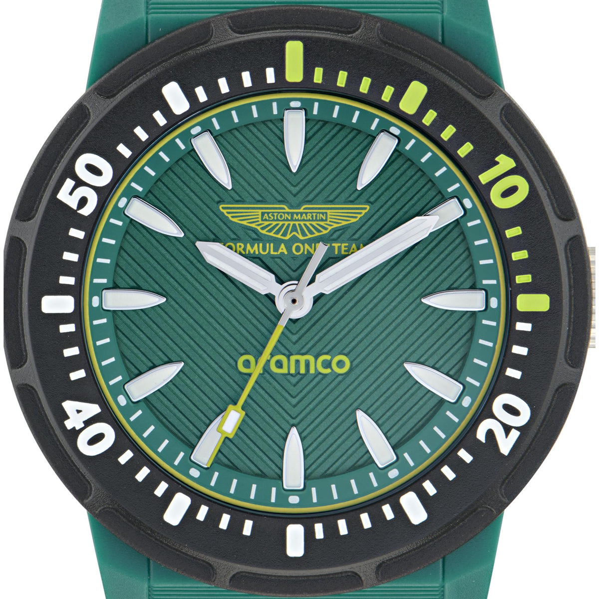 Green dial quartz watch with white hands, lime markers, and black rotating bezel