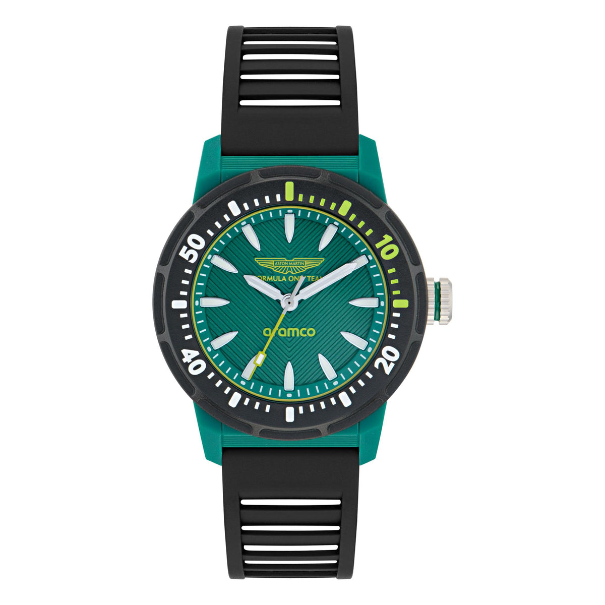 Teal silicone strap watch with green dial and black case bezel with numbered bezel