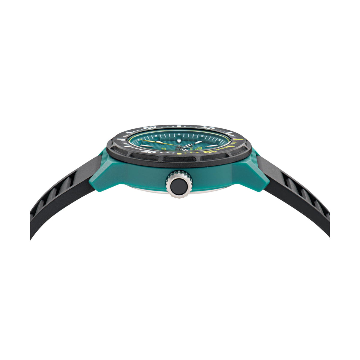 Top view of teal sports watch case with crown and textured black bezel ring