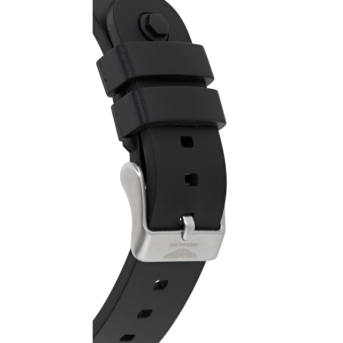 Black silicone watch strap buckle with metal clasp and adjustment holes