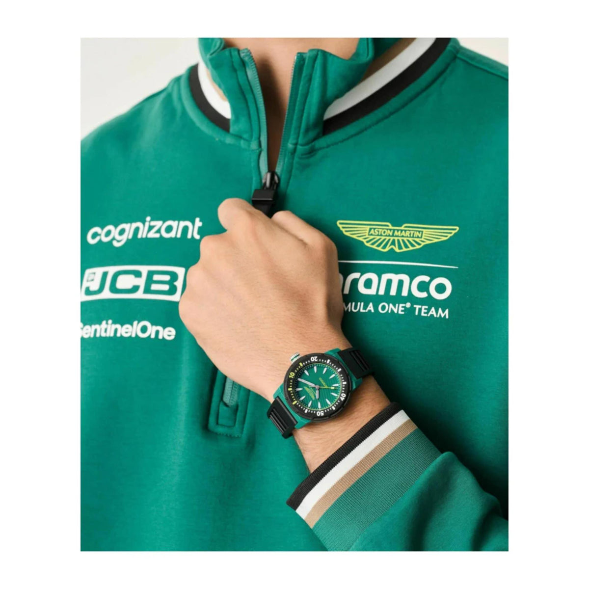 Teal silicone sports watch on wrist with green dial and black bezel
