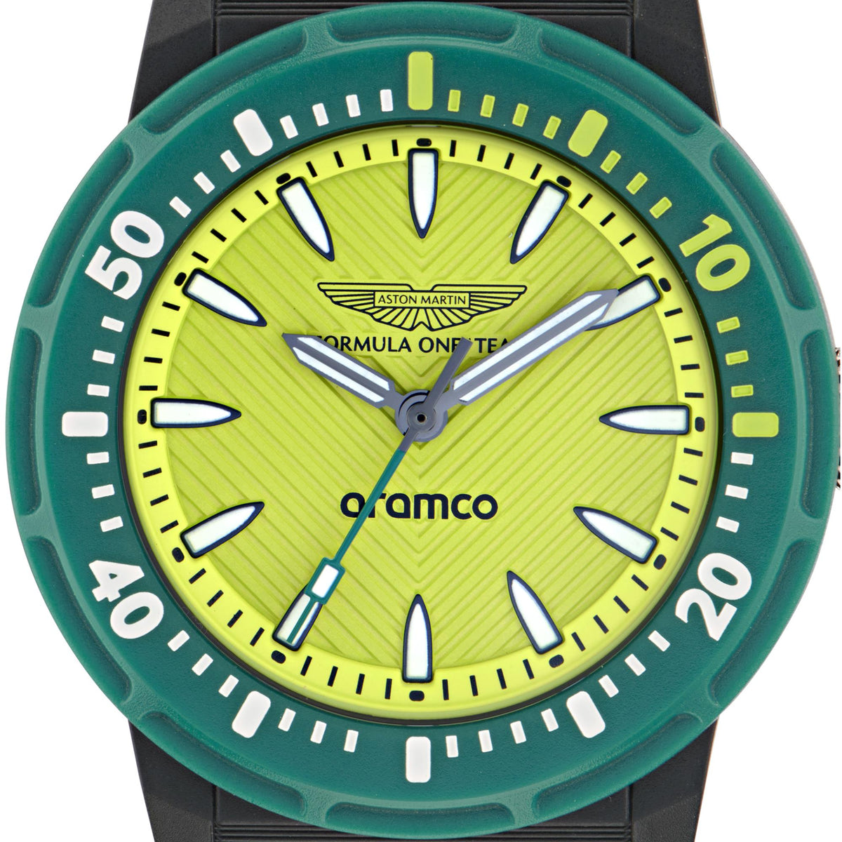 Round watch dial with yellow-green face, bold markers, and green bezel.