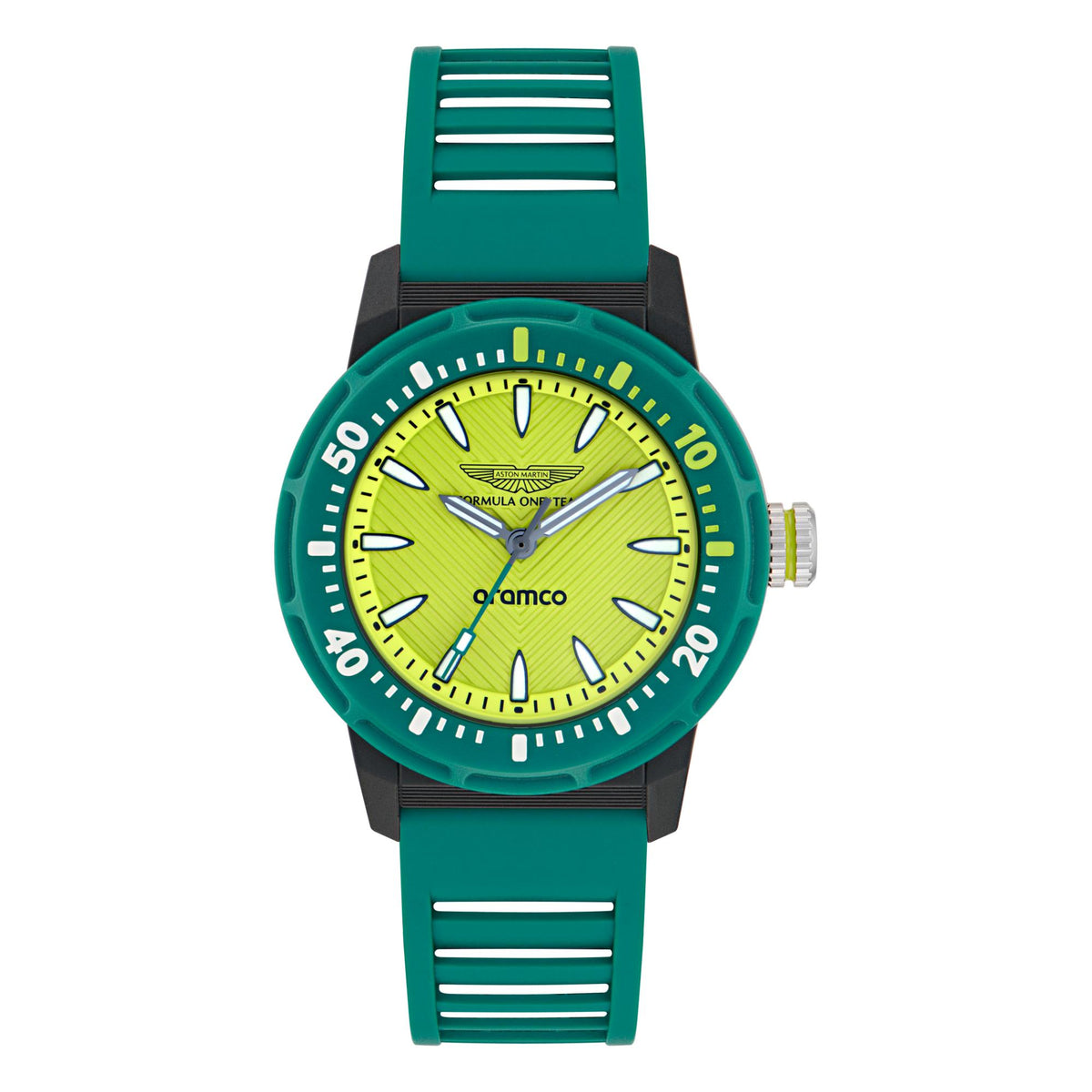 Green and black sports watch with teal silicone strap and yellow-green dial.