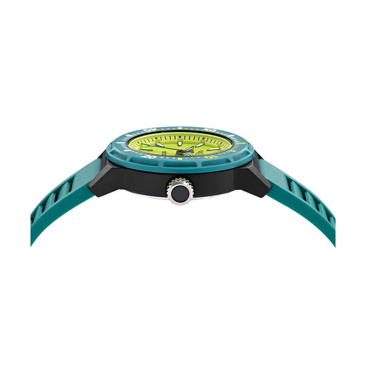 Sports watch case with crown detail and teal silicone strap.