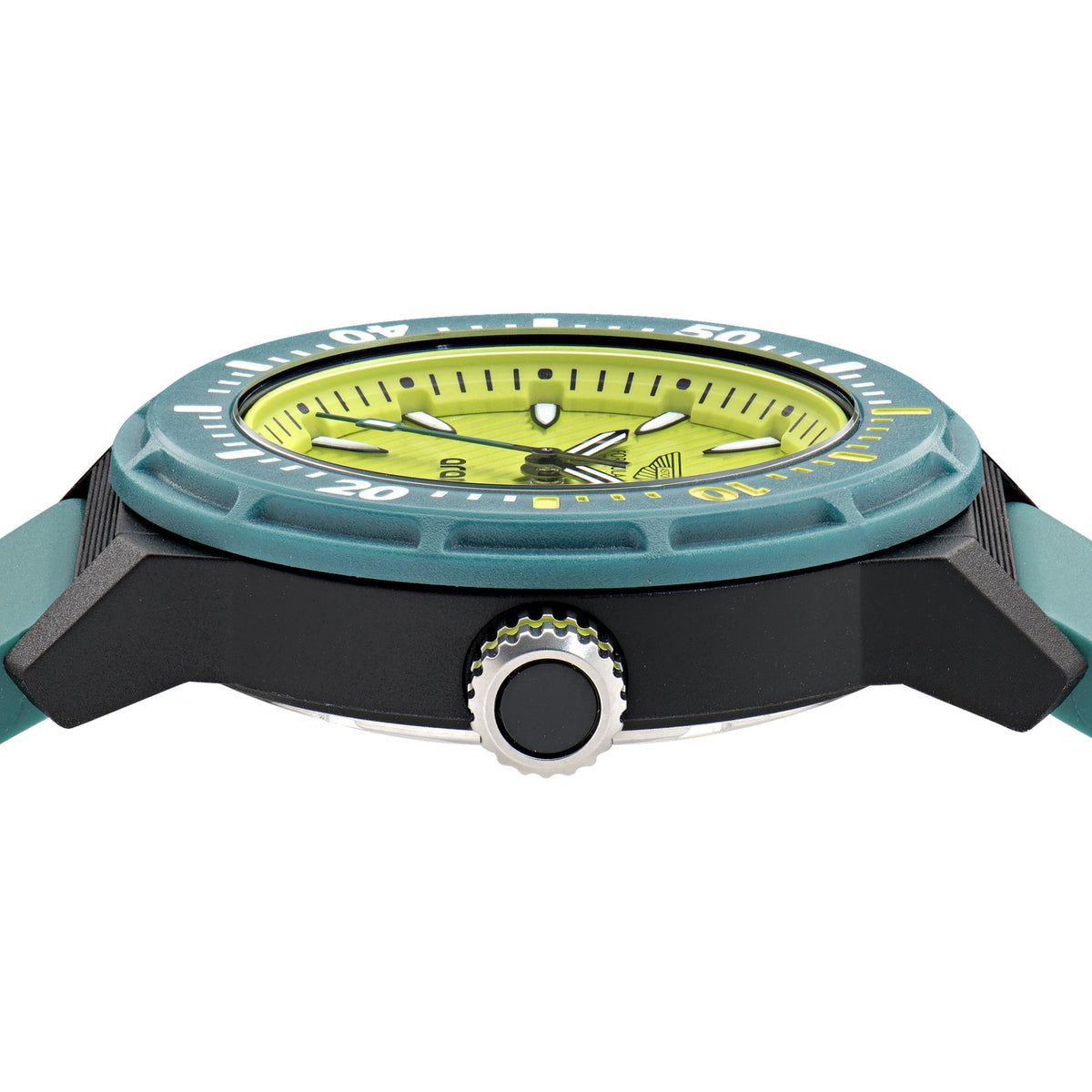 Watch case with yellow-green dial under green bezel and ridged edge detail.