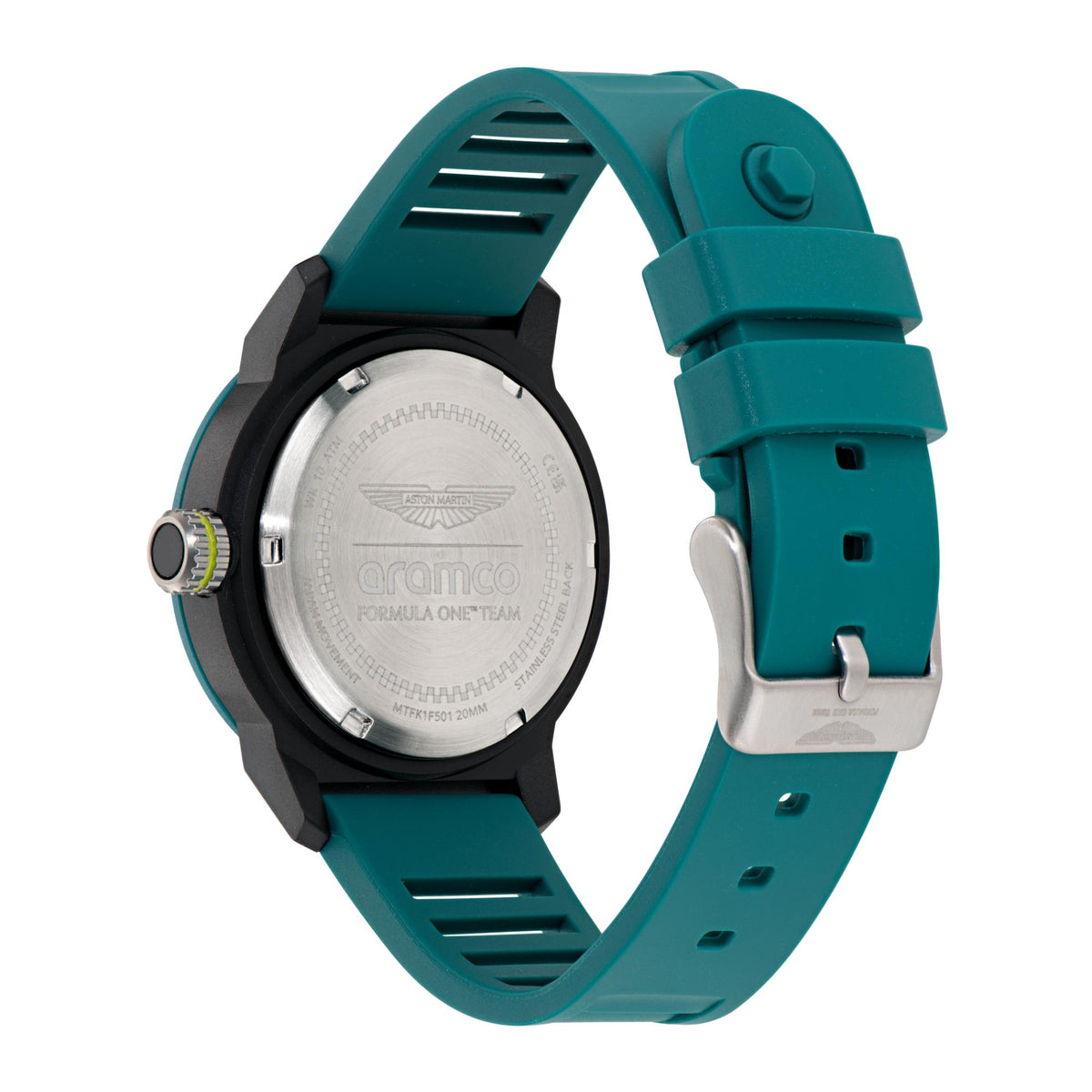 Stainless steel caseback and teal silicone strap with buckle.