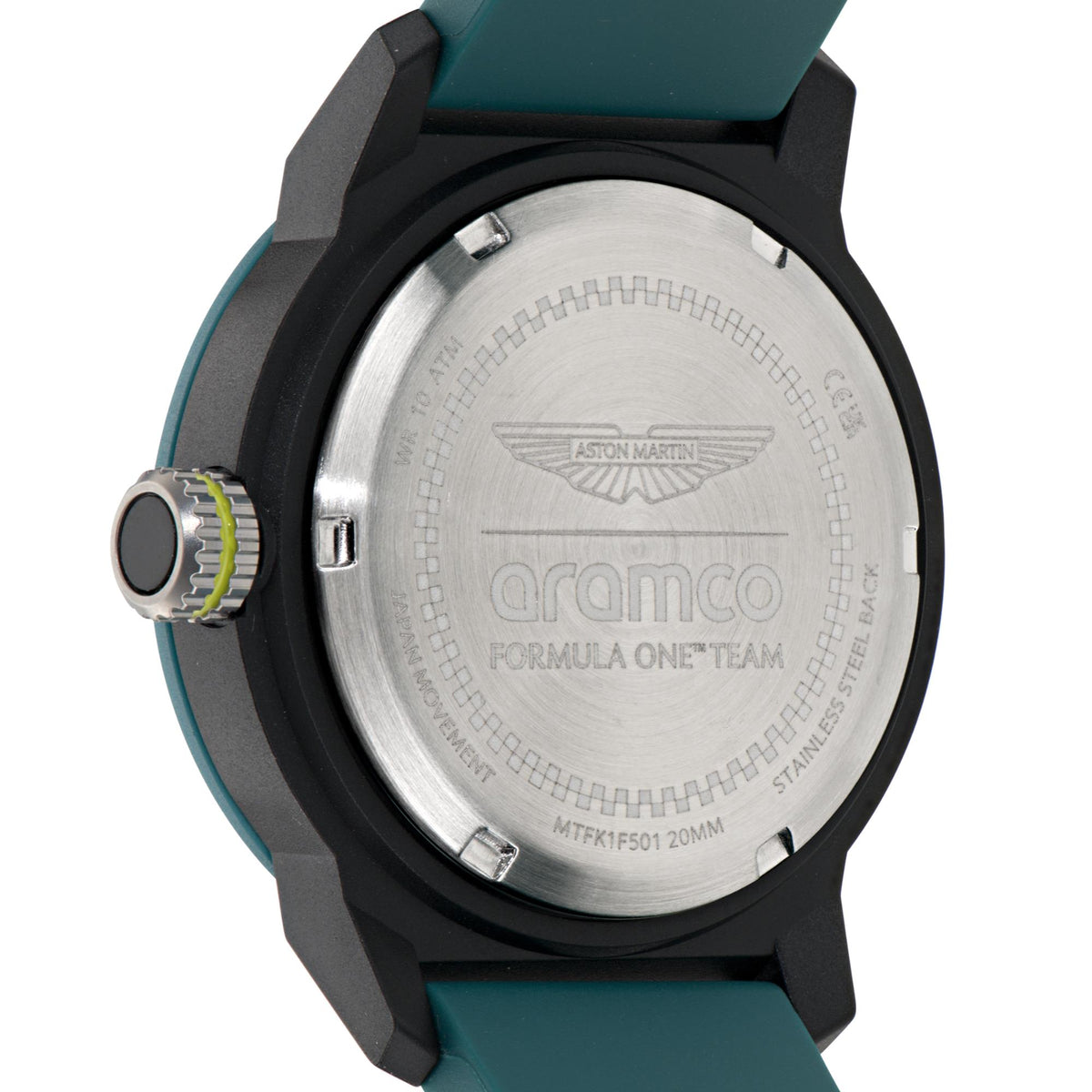 Metal caseback with aramco branding and strap-crown side detail.
