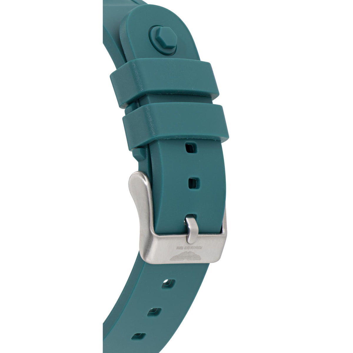 Teal silicone watch strap with buckle and adjustment holes.