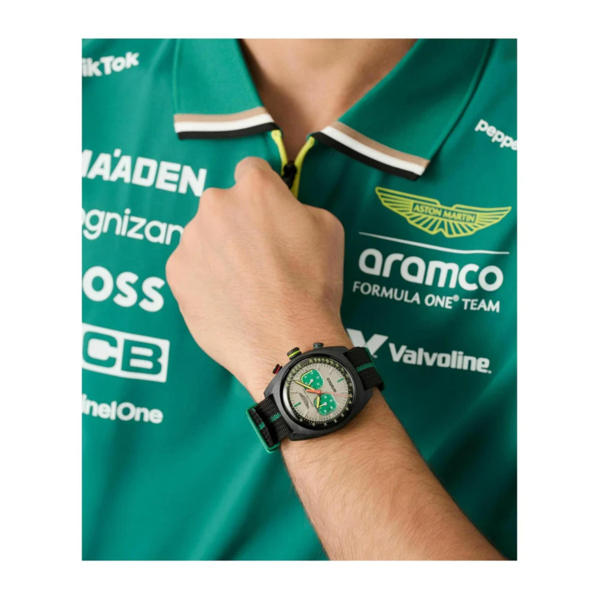 Aston Martin Quartz Chronograph White Dial Black and Podium Green Nato Strap Men's Watch MTFD1F502