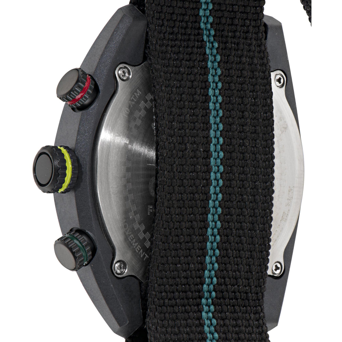 Men's chronograph watch case with black bezel and blue-striped woven NATO strap.